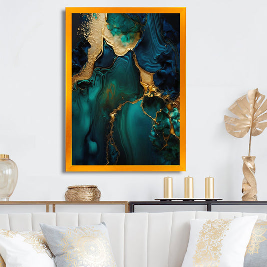 Elegant Green and Gold Abstract Geode Marble Oil Painting for Modern Décor