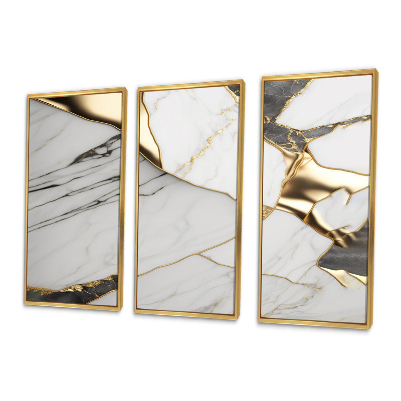 Elegant White and Gold Abstract Geode Marble Oil Painting Triptych Art
