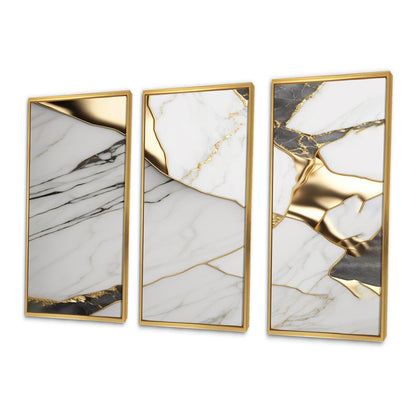 Elegant White and Gold Abstract Geode Marble Oil Painting Triptych Art