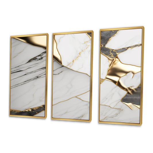 Elegant White and Gold Abstract Geode Marble Oil Painting Triptych Art