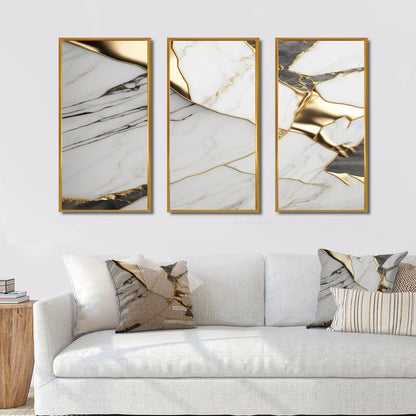 Elegant White and Gold Abstract Geode Marble Oil Painting Triptych Art