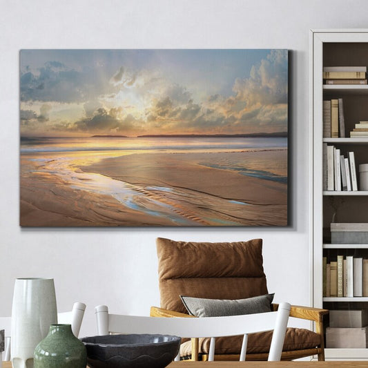 Serene Coastal Sunset Reflections in Oil Painting