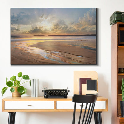 Serene Coastal Sunset Reflections in Oil Painting