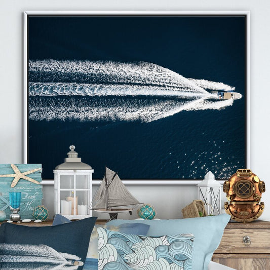 Serene Aerial View of a Speedboat Gliding Across the Mediterranean Waters