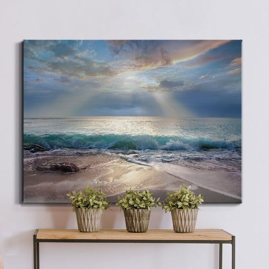 Tranquil Aqua Blue Ocean Sunrise Oil Painting for Serene Home Decor