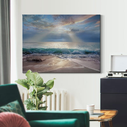Tranquil Aqua Blue Ocean Sunrise Oil Painting for Serene Home Decor