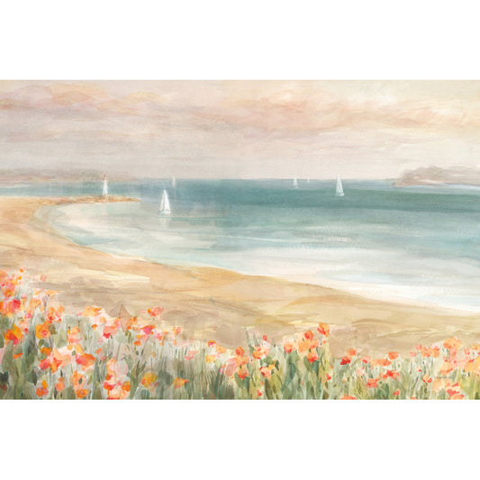 Tranquil Coastal Landscape with Sailing Boats and Vibrant Flowers