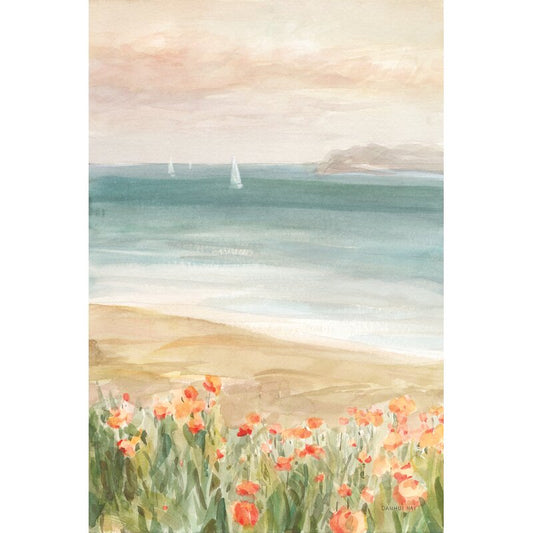 Serene Coastal Landscape with Sailboats and Vibrant Floral Foreground