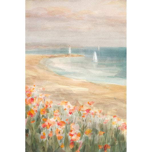 Tranquil Coastal Landscape with Flowers and Sailboat