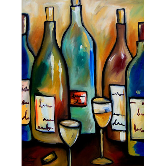Colorful Wine Bottles and Glasses: Abstract Oil Painting Art