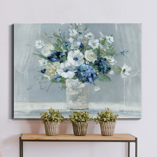 Serene Blue Floral Arrangement Oil Painting for Elegant Home Decor