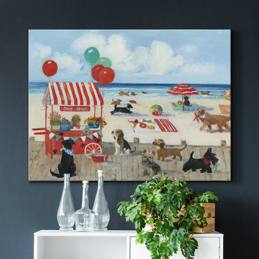 Playful Dogs at the Beach: Vibrant Oil Painting of a Canine Paradise