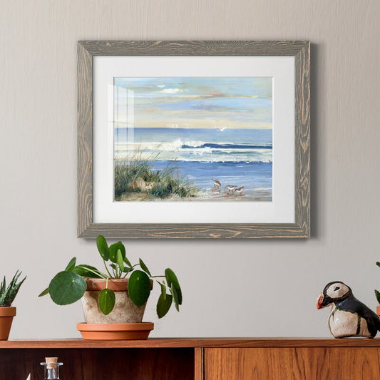 Tranquil Beach Scene with Shorebirds and Gentle Waves in Vibrant Oil Painting