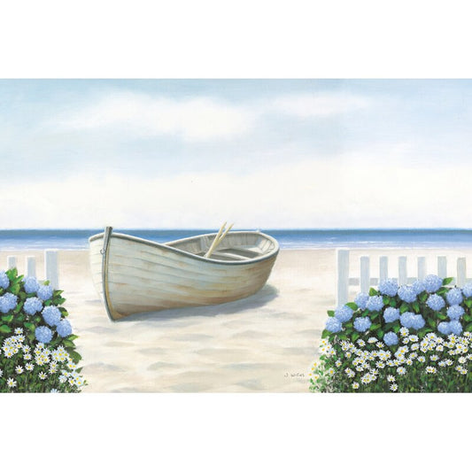 Coastal Serenity: Beach Scene with Boat and Hydrangeas Oil Painting