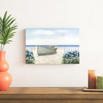 Coastal Serenity: Beach Scene with Boat and Hydrangeas Oil Painting