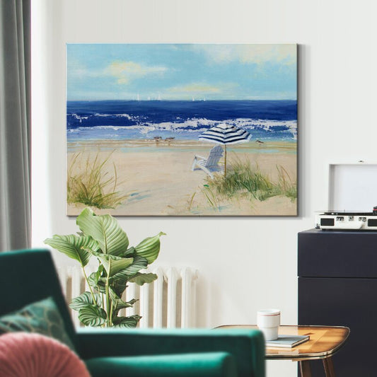 Tranquil Beach Scene with Chair and Umbrella - Serene Coastal Oil Painting