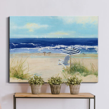 Tranquil Beach Scene with Chair and Umbrella - Serene Coastal Oil Painting