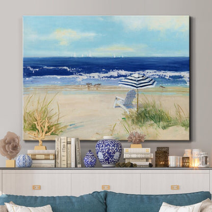 Tranquil Beach Scene with Chair and Umbrella - Serene Coastal Oil Painting