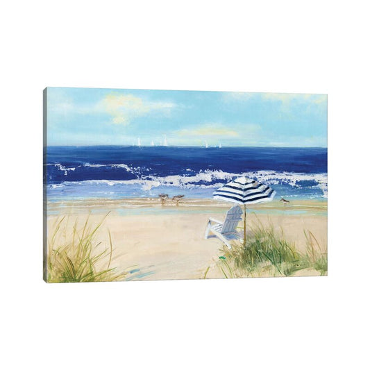 Tranquil Beach Scene with Umbrella and Chair - Coastal Oil Painting