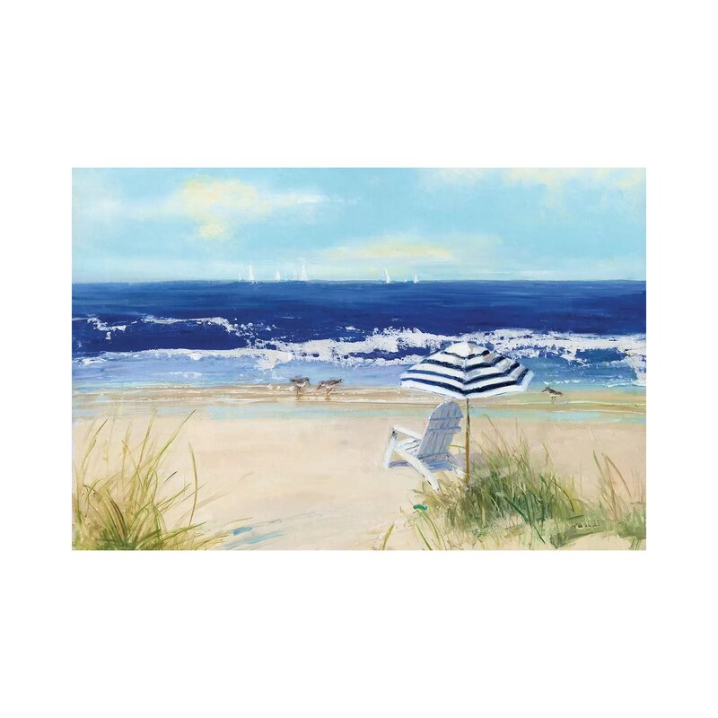 Tranquil Beach Scene with Umbrella and Chair - Coastal Oil Painting