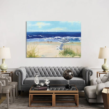 Tranquil Beach Scene with Umbrella and Chair - Coastal Oil Painting