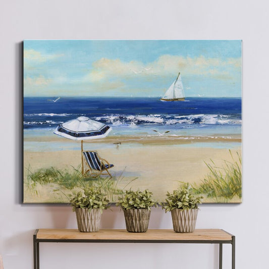 Coastal Serenity: Beach Umbrella and Sailboat Oil Painting for Home Decor