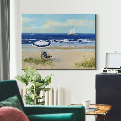 Coastal Serenity: Beach Umbrella and Sailboat Oil Painting for Home Decor