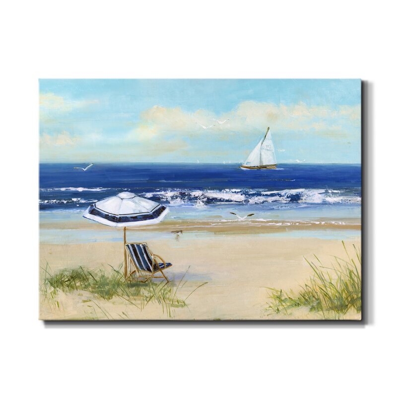 Coastal Serenity: Beach Umbrella and Sailboat Oil Painting for Home Decor