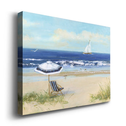 Coastal Serenity: Beach Umbrella and Sailboat Oil Painting for Home Decor