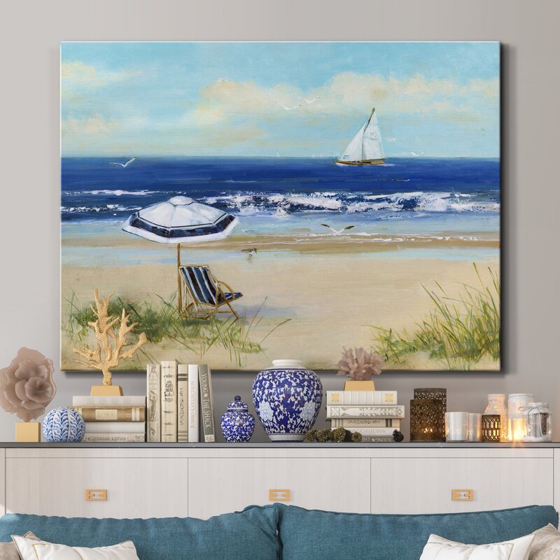 Coastal Serenity: Beach Umbrella and Sailboat Oil Painting for Home Decor