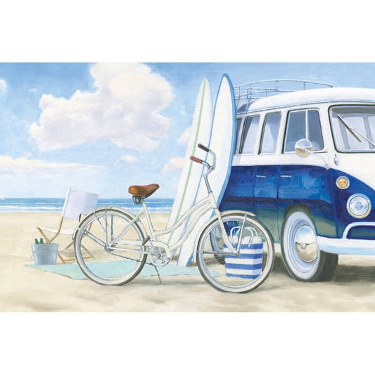 Coastal Bliss: Vintage Bicycle and Surfboards at the Beach Oil Painting