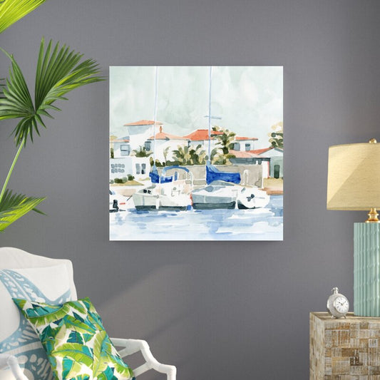 Charming Beach Town Watercolor Painting of Sailboats and Coastal Homes