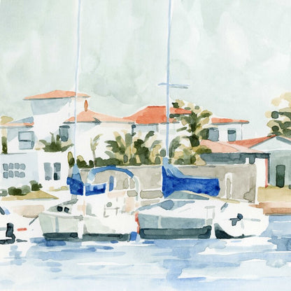 Charming Beach Town Watercolor Painting of Sailboats and Coastal Homes