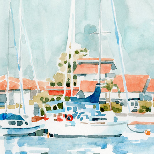 Coastal Serenity: Vibrant Beach Town Summer Oil Painting