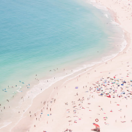 Serene Turquoise Beachscape with Sunbathers and Blue Waters Oil Painting