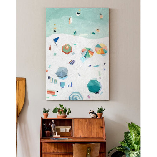 Colorful Beach Umbrellas and Sunlit Sand Oil Painting for Coastal Home D√©cor