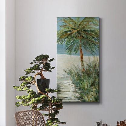 Tropical Beach Bliss with Palm Trees and Serenity in Oil Painting