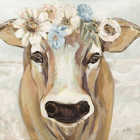 Beautiful Cow with Floral Crown - Charming Farmhouse Oil Painting