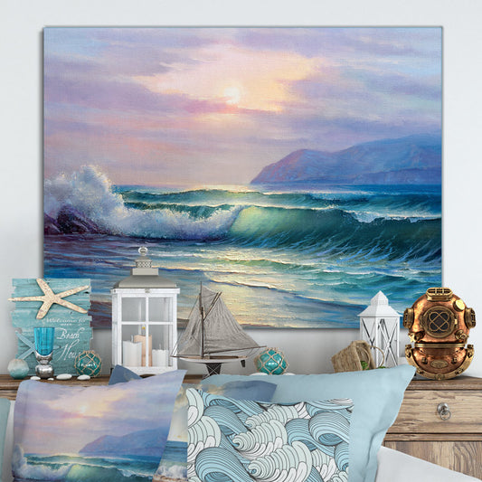 Serene Coastal Sunset with Vibrant Waves and Tranquil Ocean Colors