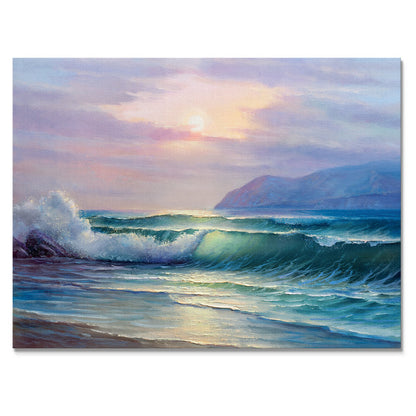 Serene Coastal Sunset with Vibrant Waves and Tranquil Ocean Colors