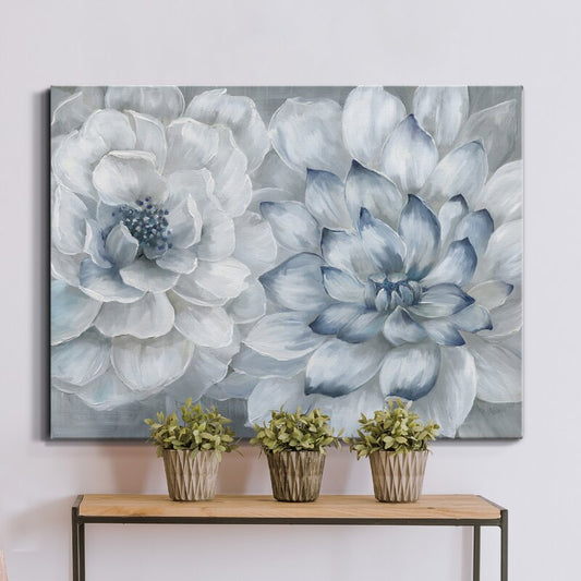 Elegant Floral Embrace: White and Blue Blossoms Oil Painting
