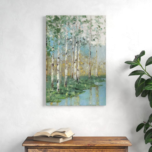 Serene Birch Trees Reflection in Tranquil Water Landscape Oil Painting