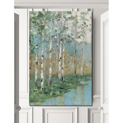 Serene Birch Trees Reflection in Tranquil Water Landscape Oil Painting