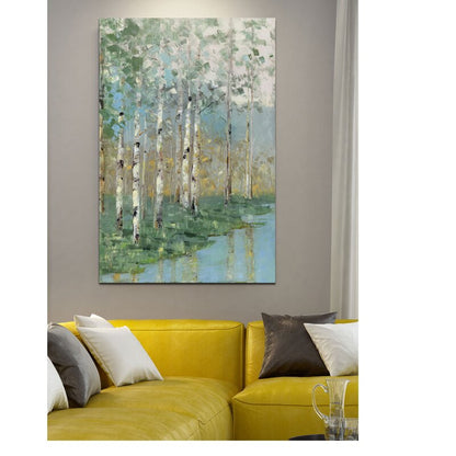 Serene Birch Trees Reflection in Tranquil Water Landscape Oil Painting