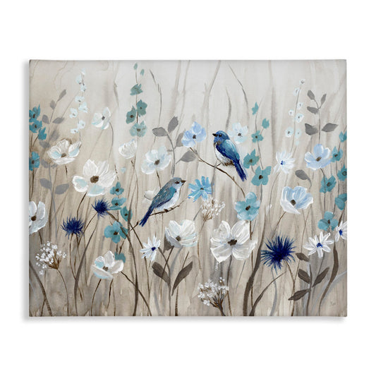 Serene Blue Birds Among Blossoms in Floral Meadow Oil Painting