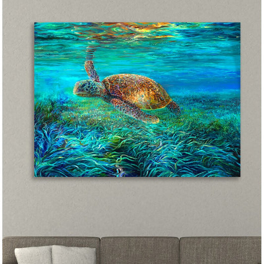 Vibrant Sea Turtle Swimming in Blue Ocean - Stunning Oil Painting