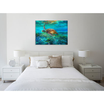Vibrant Sea Turtle Swimming in Blue Ocean - Stunning Oil Painting