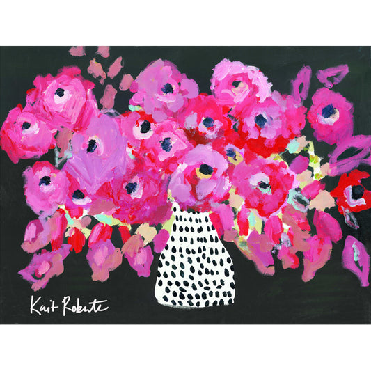 Vibrant Pink Floral Bouquet in Chic Polka Dot Vase Oil Painting