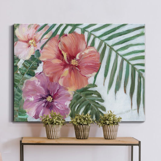 Vibrant Hibiscus Floral Painting with Tropical Greenery