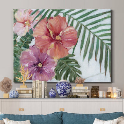 Vibrant Hibiscus Floral Painting with Tropical Greenery